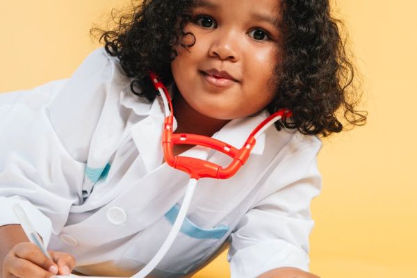 cute black child imitating doctor while playing in studio